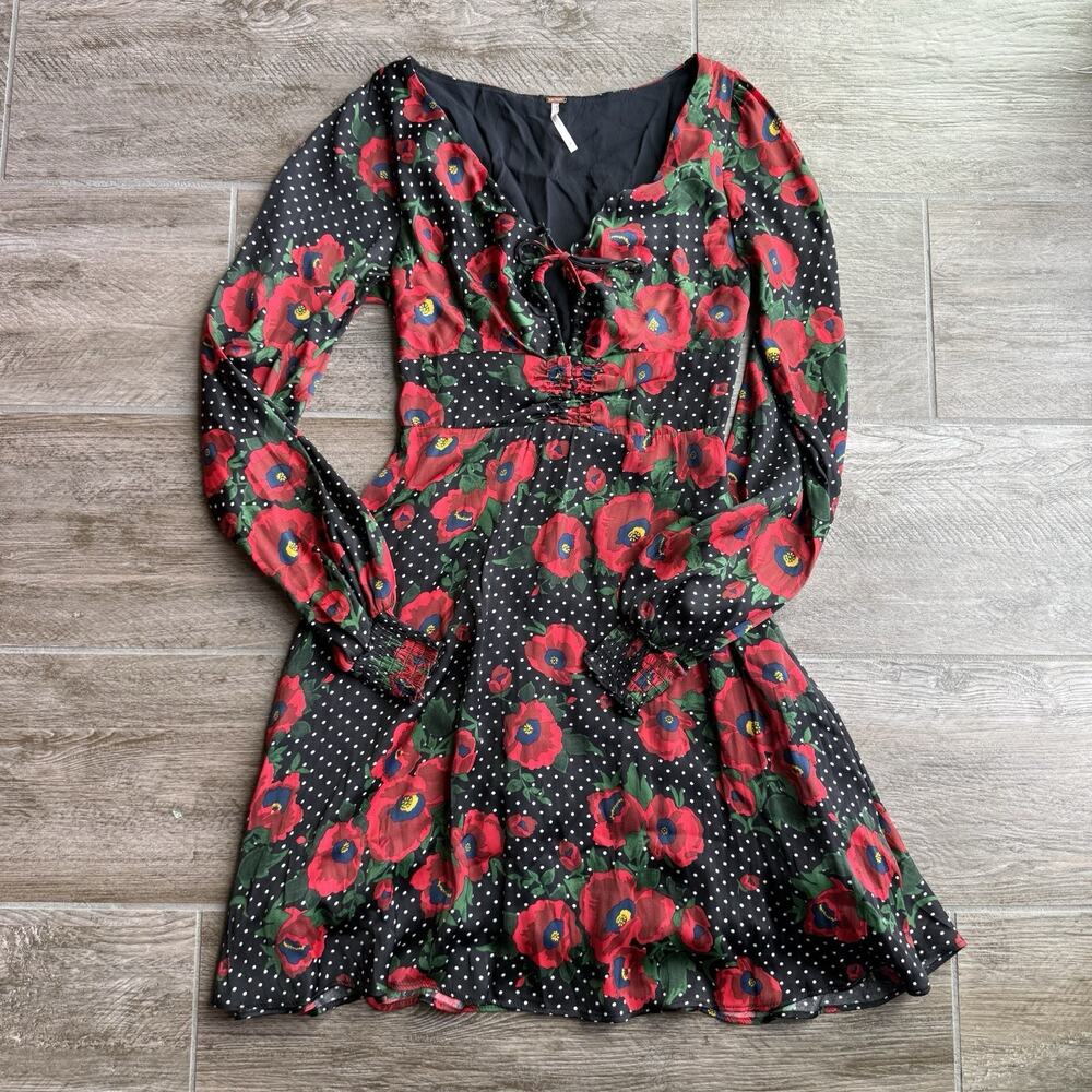 Free People Size 0 Floral Mini Dress Black Red Poppy Polka Dot Boho Long Sleeve